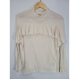 Chaser Womens Cream Ruffle Mock Neck Long Sleeve Top Size M Lettuce Hem Jersey